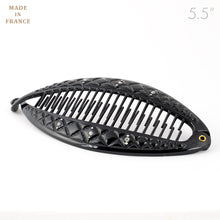 Load image into Gallery viewer, French Stitched Black Banana Hair Clip with Crystals