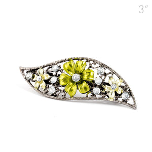 Small Vintage Metal Barrette with Green Flowers and Crystals