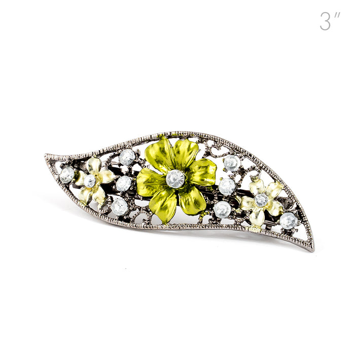 Small Vintage Metal Barrette with Green Flowers and Crystals