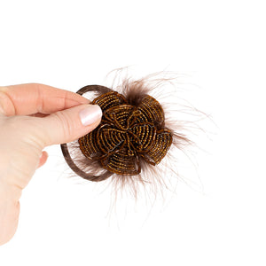 Beaded Flower and Feather Elastic Ponytail Holder