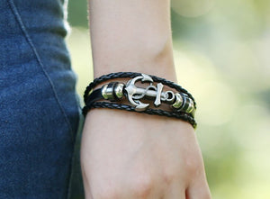 Handmade Retro Leather Anchor Charm Bracelet Men Vintage Braided Bracelet - 8in