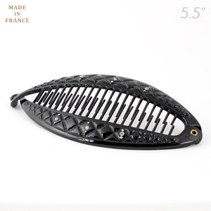 French Stitched Black Banana Hair Clip with Crystals