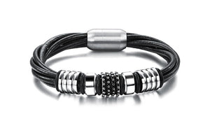 Leather Stainless Steel Charm Bracelet - 7.75in