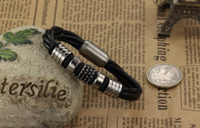 Load image into Gallery viewer, Leather Stainless Steel Charm Bracelet - 7.75in