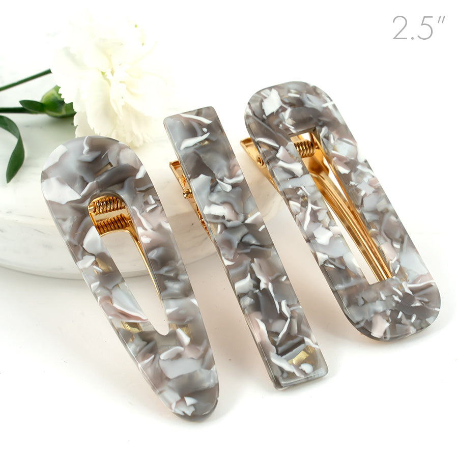 Light Grey Marble Design on Golden Beak Clip - Set of 3