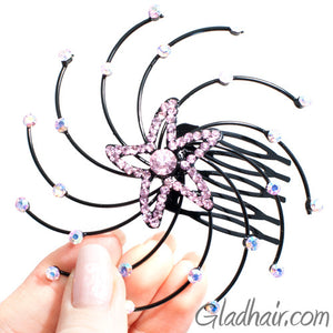 Starfish Shaped Spiral Style hair Comb with Pink Crystals