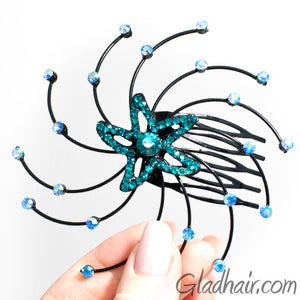 Starfish Shaped Spiral Style hair Comb with Teal Crystals