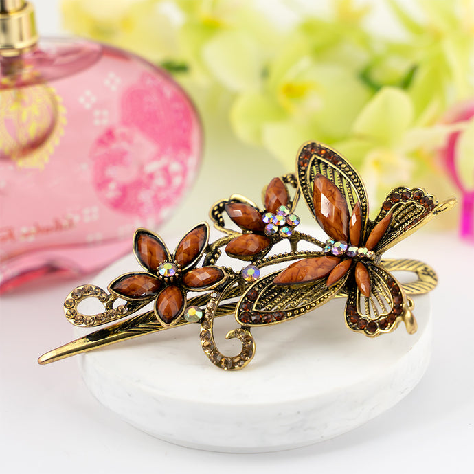 Metal Large Butterfly Style Beak Clip with Brown Crystals