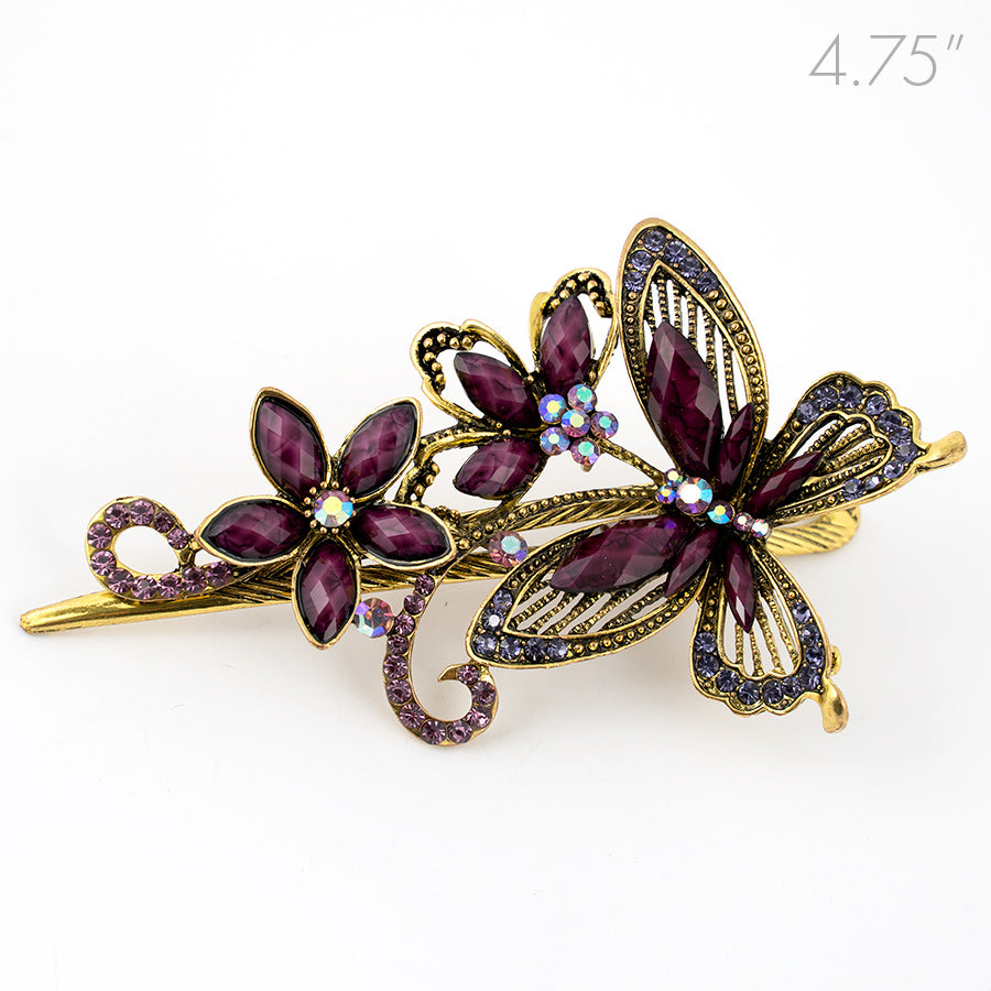 Metal Large Butterfly Style Beak Clip with Purple Crystals