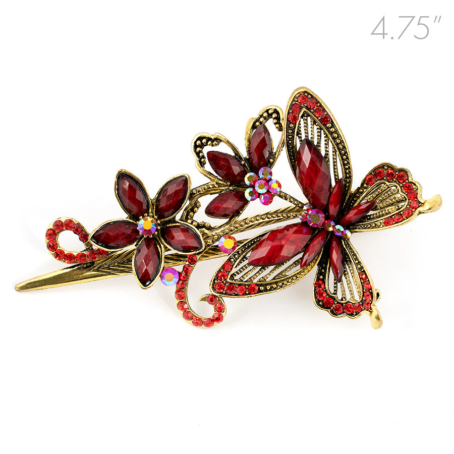 Metal Large Butterfly Style Beak Clip with Red Crystals