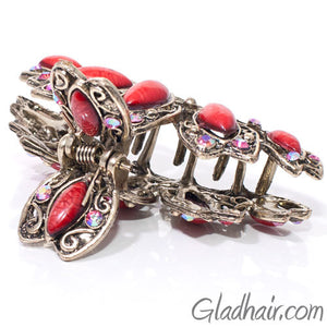 Vintage Gilt Arched Metal Hair Claw Red Decoration