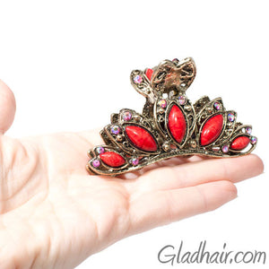 Vintage Gilt Arched Metal Hair Claw Red Decoration