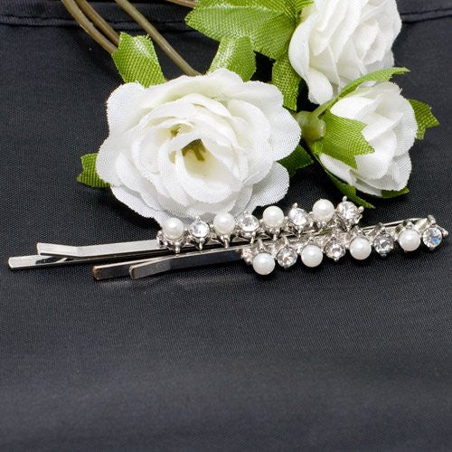 Crystal and Pearl Bead Rhodium Plated Grips - Pair