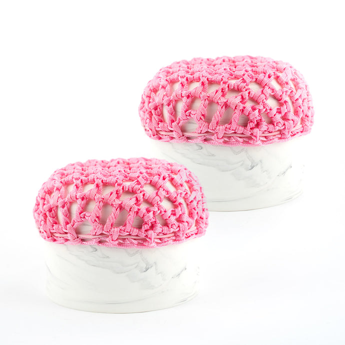 Shiny Pink Knotted Ribbon Bun Net - Pair