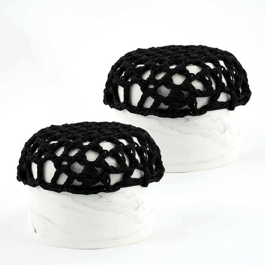 Shiny Knotted Black Ribbon Bun Net - Pair