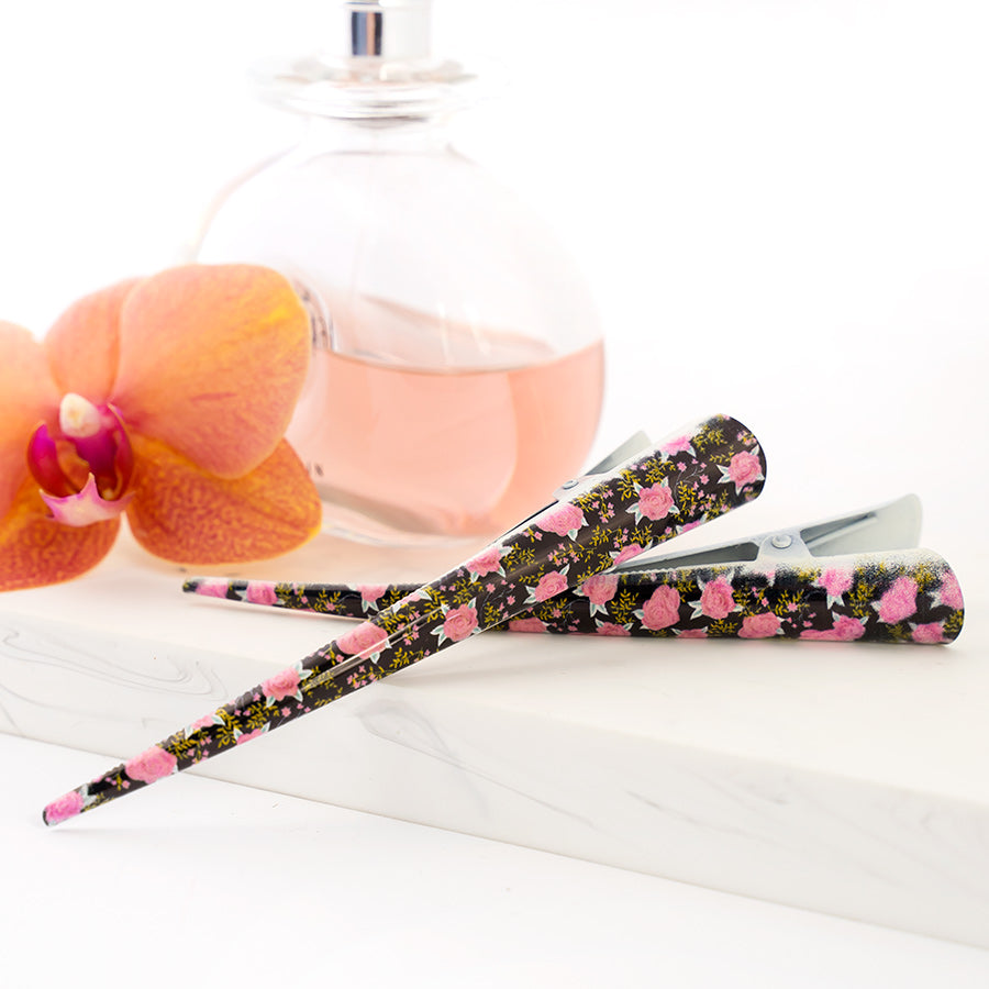 Large Metal Floral Beak Clip with Pink Flowers - Pair