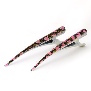 Large Metal Floral Beak Clip with Pink Flowers - Pair