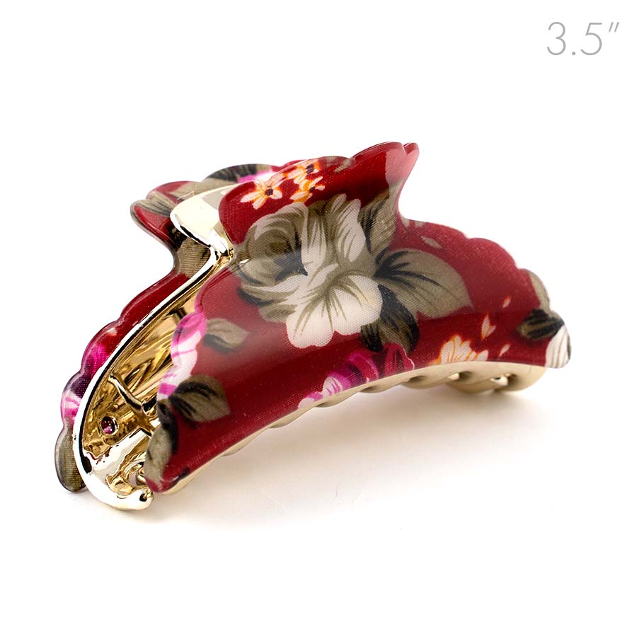 Large Red Floral Print Plastic Hair Claw