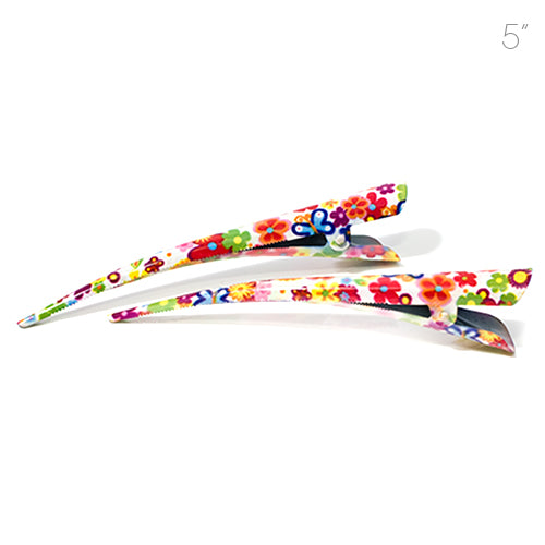 Large Metal Beak Clips Brightly Colored Daisy Print Floral - Pair