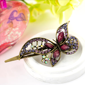 Vintage Gilt Metal Clip with Colored Butterfly Decoration and Colored Stones