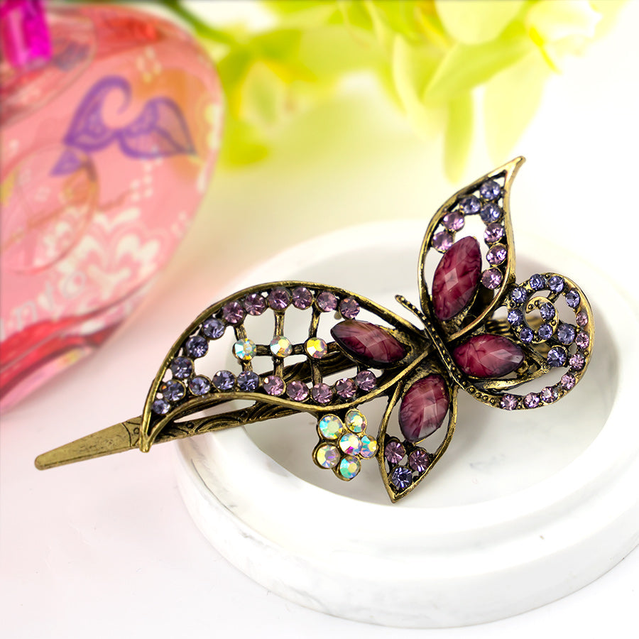 Vintage Gilt Metal Clip with Colored Butterfly Decoration and Colored Stones