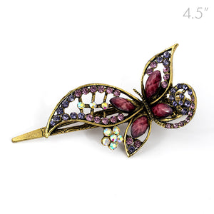 Vintage Gilt Metal Clip with Colored Butterfly Decoration and Colored Stones