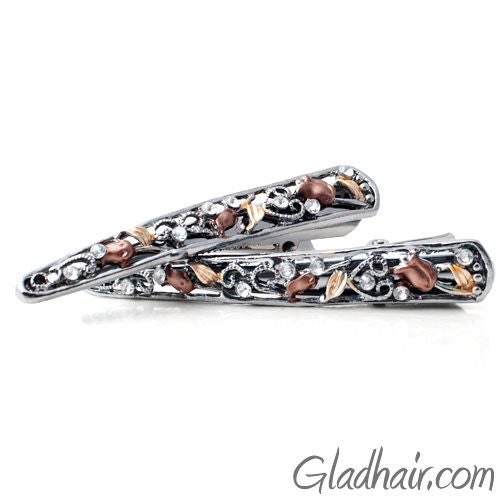 Leaves and Flower Style Metal Beak Clip with Crystals - Pair