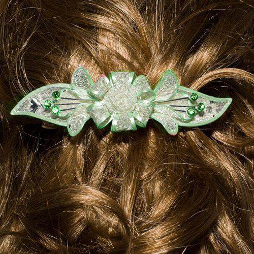 Mesh Bow Swarovski Crystal Barrette in Silver and Light Green