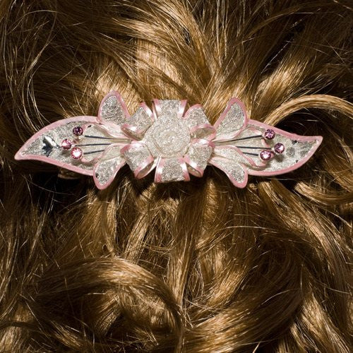 Mesh Bow Swarovski Crystal Barrette in Silver and Light Pink