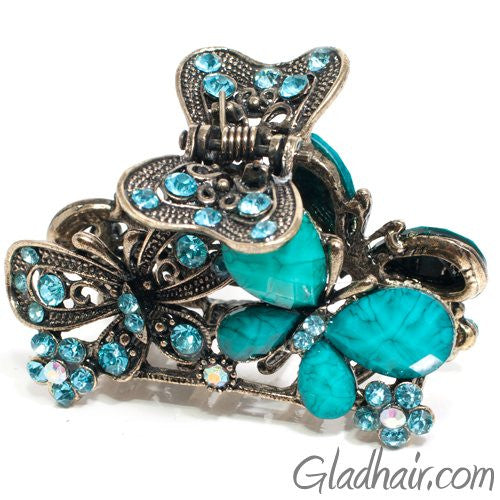 Metal Two Butterflies Style Hair Claw with Crystals