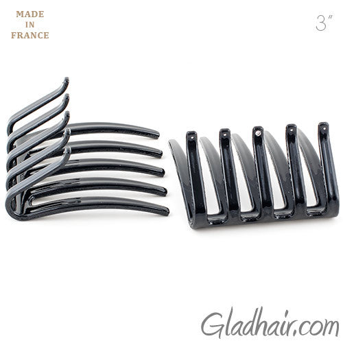 French Folded Interlocking Black Combs with Crystal and Studs - Pair