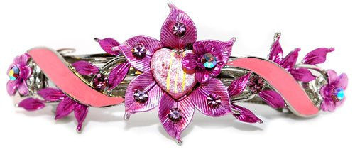 Swarovski  Crystals Purple with Pink Flower Automatic Barrette