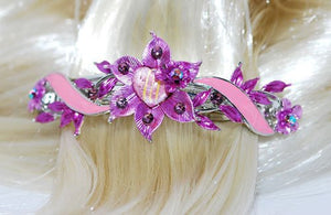 Swarovski  Crystals Purple with Pink Flower Automatic Barrette