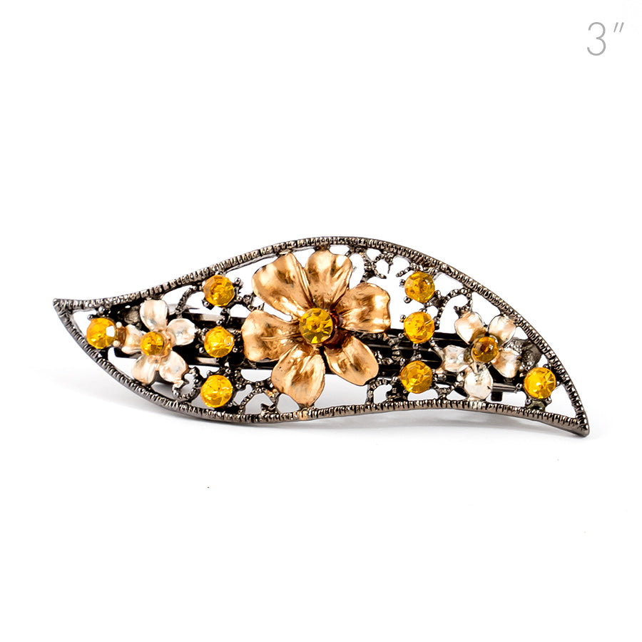 Small Vintage Metal Barrette with Gold Flowers and Crystals