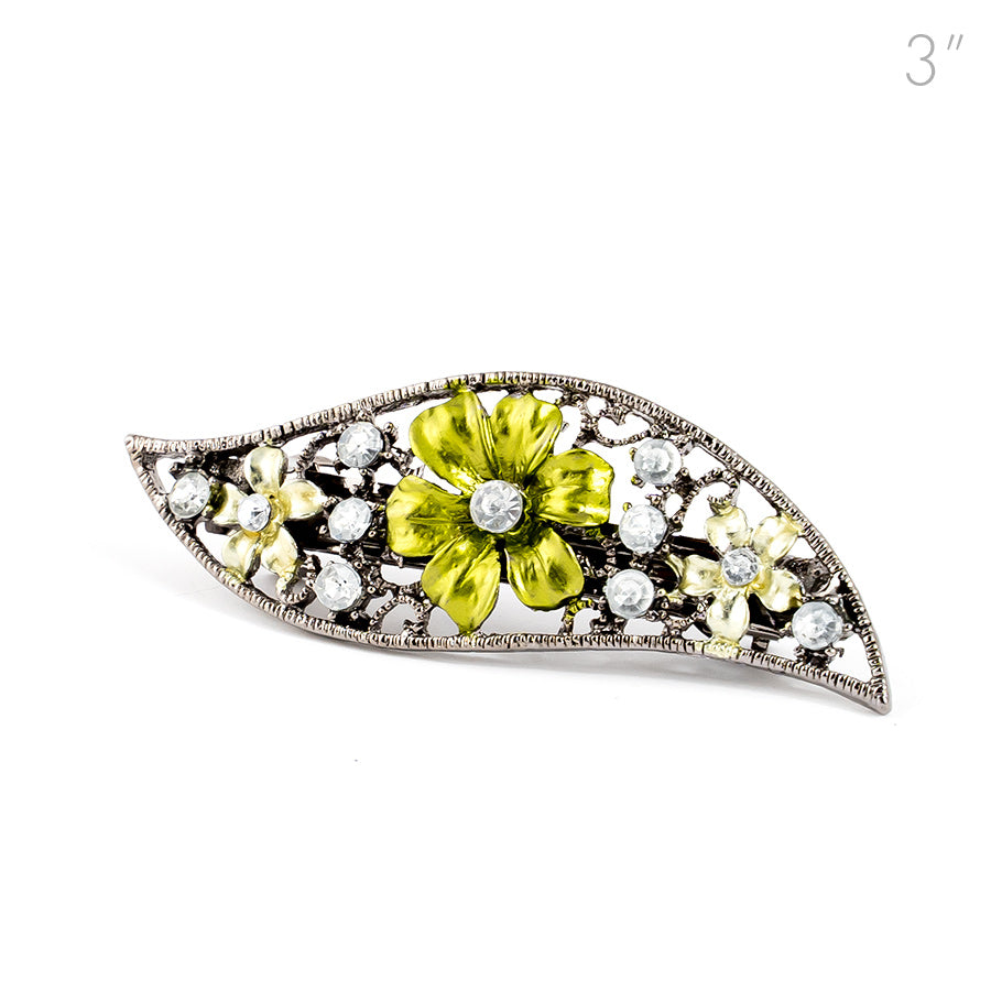 Small Vintage Metal Barrette with Green Flowers and Crystals