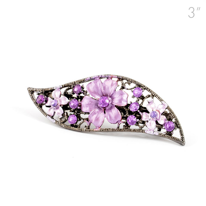 Small Vintage Metal Barrette with Purple Flowers and Crystals