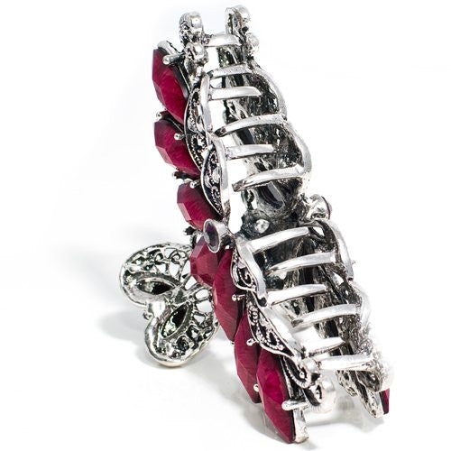 Vintage Flower Shaped Metal Claw with Red Stones and Crystals