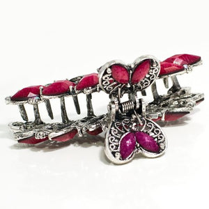 Vintage Flower Shaped Metal Claw with Red Stones and Crystals